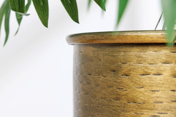 Designová orientální sada kulatých kovových květináčů Daris ve zlaté barvě s černým kovovým stojanem 67 cm