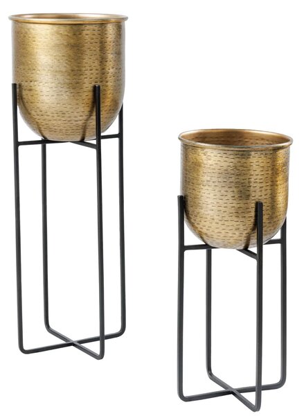 Designová orientální sada kulatých kovových květináčů Daris ve zlaté barvě s černým kovovým stojanem 67 cm
