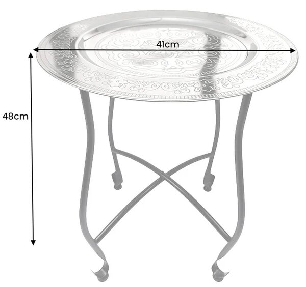 Designový etno kulatý příruční stolek Malik se stříbrnou deskou s ornamenty a černou kovovou podstavou 48 cm