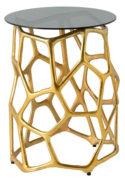 Glamour kulatý kovový příruční stolek Kalan se zlatou perforovanou nohou a vrchní skleněnou šedou deskou 49 cm
