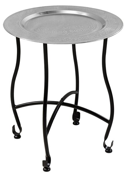 Designový etno kulatý příruční stolek Malik se stříbrnou deskou s ornamenty a černou kovovou podstavou 48 cm