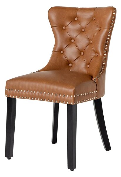 Chesterfield jídelní židle Torino s čalouněním z hnědé kůže s prošívaným opěradlem s černými dřevěnými nožičkami 93 cm