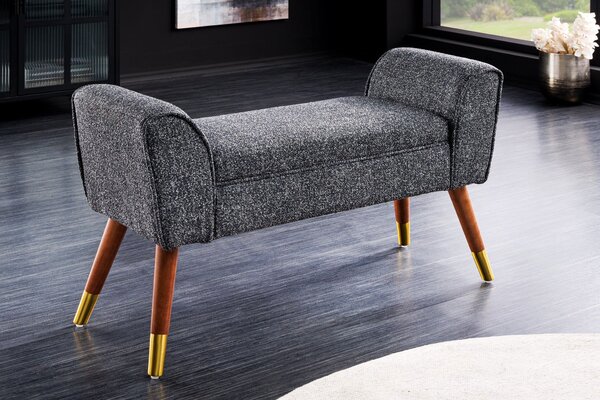 Designová moderní čalouněná lavice Karen s bočními opěrkami a textilním potahem v černošedé barvě s hnědýma nohama 90 cm