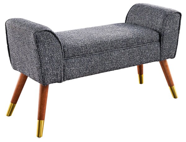 Designová moderní čalouněná lavice Karen s bočními opěrkami a textilním potahem v černošedé barvě s hnědýma nohama 90 cm