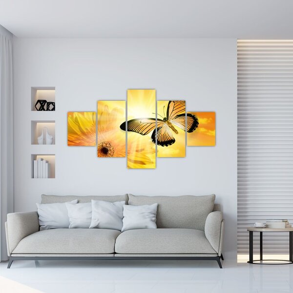 Obraz - Žlutý motýl s květem (125x70 cm)