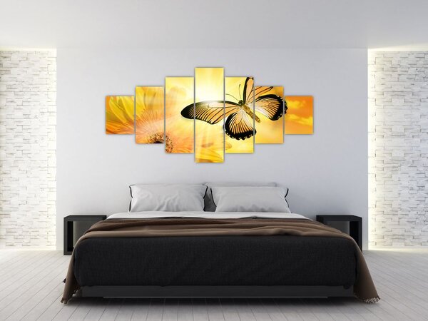 Obraz - Žlutý motýl s květem (210x100 cm)