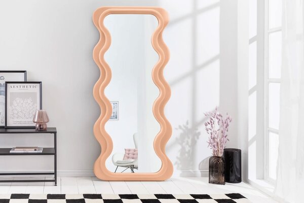 Designové art deco nástěnné zrcadlo Swan s vlnitým obdélníkovým pastelově meruňkově oranžovým rámem 160 cm