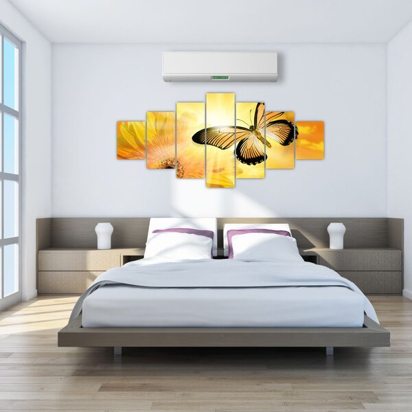 Obraz - Žlutý motýl s květem (210x100 cm)