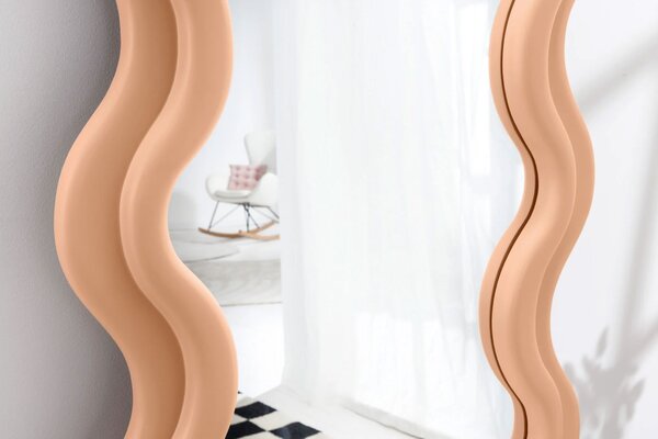 Designové art deco nástěnné zrcadlo Swan s vlnitým obdélníkovým pastelově meruňkově oranžovým rámem 160 cm