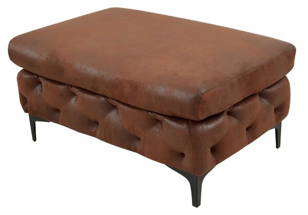 Chesterfield obdélníková hnědá kožená čalouněná prošívaná taburetka Modern Barock s černými kovovými matnými nožičkami 90 cm