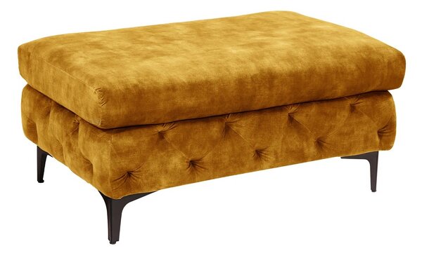 Štýlová chesterfield horčicová žltá čalúnená taburetka Modern Barock s prešívaným poťahom a čiernymi kovovými nožičkami 92 cm