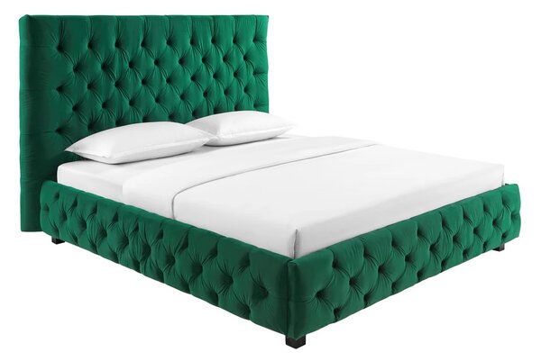 Stylová chesterfield smaragdová zelená manželská postel Kreon se sametovým potahem s nízkými černými nožičkami 220 cm