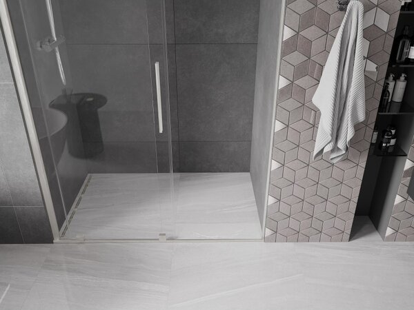 Mexen Velar, posuvné sprchové dveře do otvoru 150 cm, 8mm čiré sklo, broušená ocel, 871-150-000-01-97