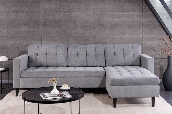 Designová třímístná rohová sedačka Sallen s šedým manšestrovým potahem a čtvercovým prošíváním 220 cm