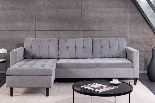Designová třímístná rohová sedačka Sallen s šedým manšestrovým potahem a čtvercovým prošíváním 220 cm