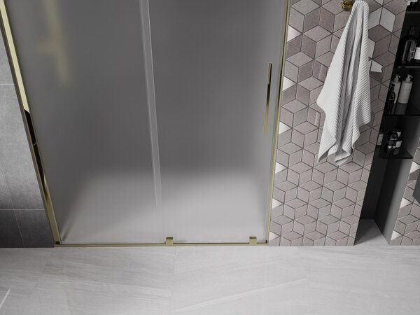 Mexen Velar, posuvné sprchové dveře do otvoru 130 cm, 8mm sklo námraza, zlatá lesklá, 871-130-000-31-50