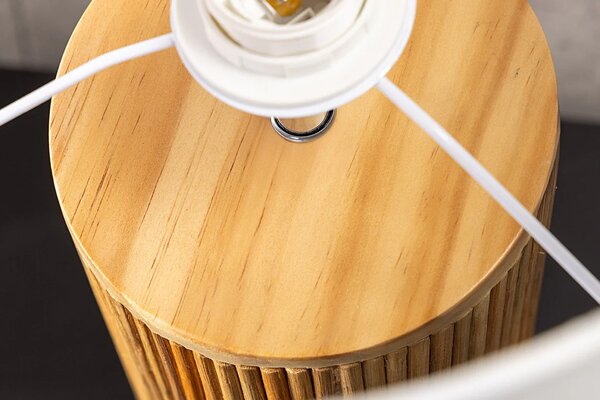 Designová kulatá stolní lampa Willow s bílým bavlněným stínítkem a válcovou masivní hnědou ozdobnou nohou 48 cm
