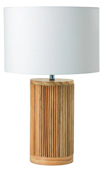 Designová kulatá stolní lampa Willow s bílým bavlněným stínítkem a válcovou masivní hnědou ozdobnou nohou 48 cm