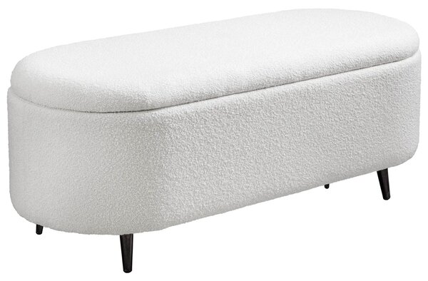 Designová art deco zaoblená lavice Yara s úložným prostorem s bílým buklé potahem s černými kovovými nožičkami 110 cm