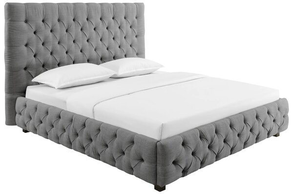 Stylová chesterfield prošívaná čalouněná manželská postel Kreon s šedým lněným potahem 220 cm