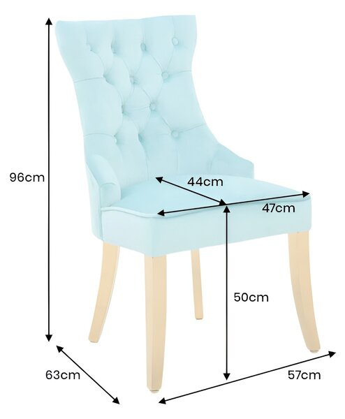 Barokní jídelní židle Modern/Gold Barrock ve světle modrém sametovém čalounění zlatým klepadlem a zlatými nožičkami 96 cm