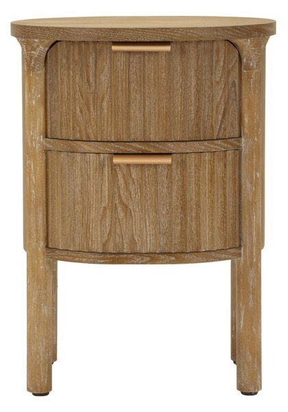 Stylový art deco hnědý ovální noční stolek Meer se dvěma šuplíky s výraznou strukturou a zlatými úchyty 52 cm