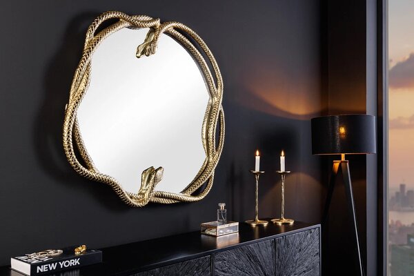Art deco kulaté závěsné zrcadlo Serpente se zlatým kovovým rámem ve tvaru hadů 52 cm