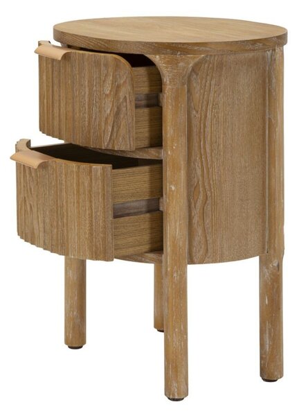 Stylový art deco hnědý ovální noční stolek Meer se dvěma šuplíky s výraznou strukturou a zlatými úchyty 52 cm