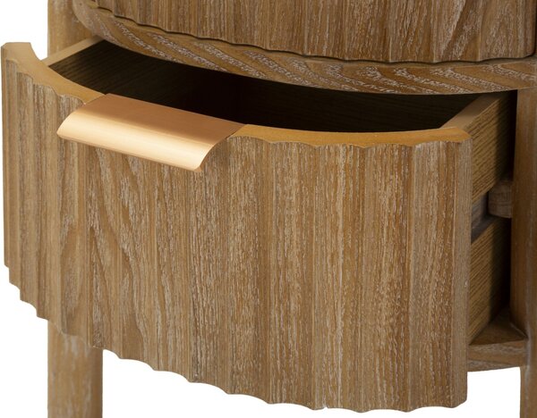 Stylový art deco hnědý ovální noční stolek Meer se dvěma šuplíky s výraznou strukturou a zlatými úchyty 52 cm