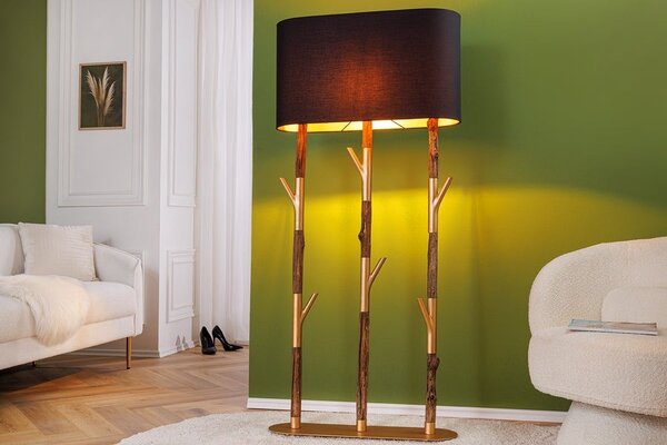 Stylová glamour oválná zlatá vysoká stojací lampa Mervik s kovovou nohou a dřevěnými prvky s černým stínítkem 154 cm