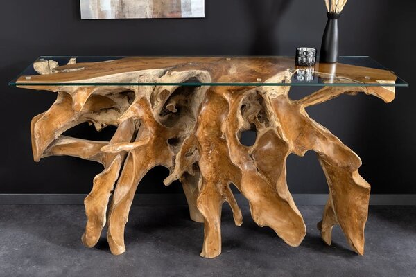 Luxusní masivní konzolový stolek Root s organickou nohou z hnědého teakového dřeva a skleněnou deskou 150 cm