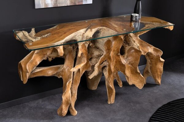 Luxusní masivní konzolový stolek Root s organickou nohou z hnědého teakového dřeva a skleněnou deskou 150 cm