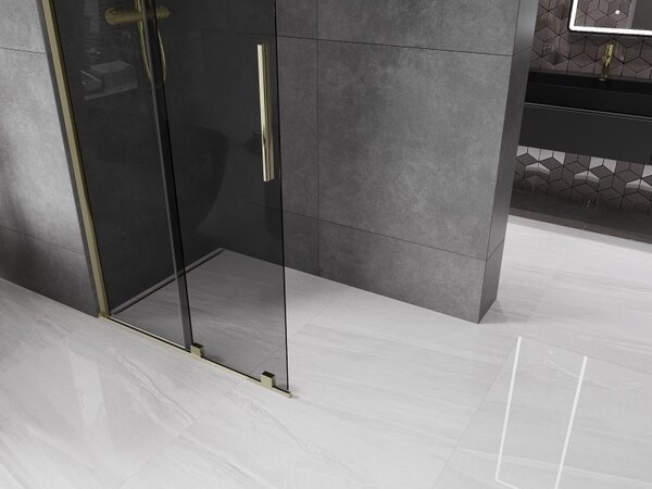Mexen Velar, sprchová zástěna s posuvnými dveřmi Walk-in 100 x 200 cm, 8mm šedé sklo, zlatá lesklá, 871-100-000-43-50