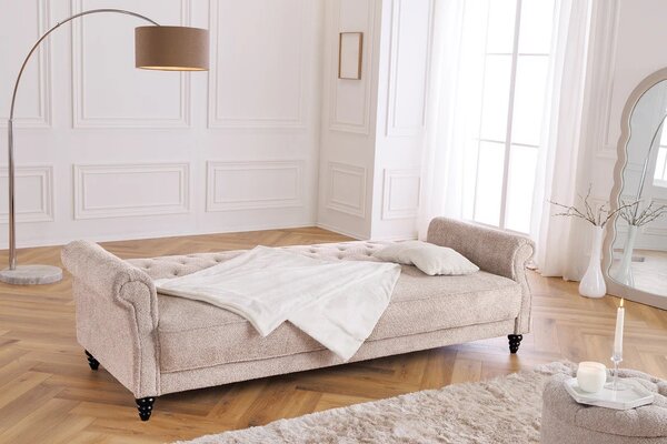 Designová chesterfield rozkládací sedačka Maison Belle Affaire pro tři osoby s béžovým buklé potahem 220 cm