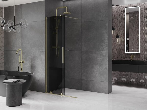 Mexen Velar, sprchová zástěna s posuvnými dveřmi Walk-in 100 x 200 cm, 8mm šedé sklo, zlatá lesklá, 871-100-000-43-50