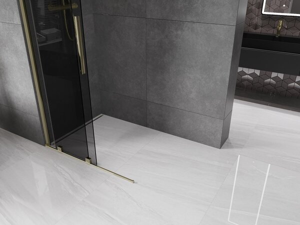 Mexen Velar, sprchová zástěna s posuvnými dveřmi Walk-in 100 x 200 cm, 8mm šedé sklo, zlatá lesklá, 871-100-000-43-50