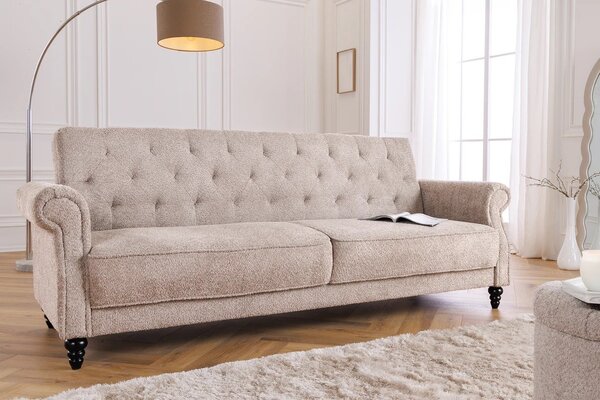 Designová chesterfield rozkládací sedačka Maison Belle Affaire pro tři osoby s béžovým buklé potahem 220 cm