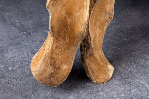 Luxusní masivní konzolový stolek Root s organickou nohou z hnědého teakového dřeva a skleněnou deskou 150 cm