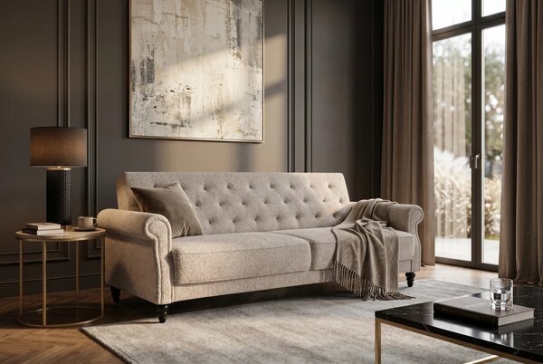 Designová chesterfield rozkládací sedačka Maison Belle Affaire pro tři osoby s béžovým buklé potahem 220 cm