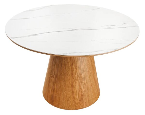 Art deco kulatý jídelní stůl Marmol Lignia s bílou mramorovou deskou a hnědou podstavou s dubovým designem 120 cm