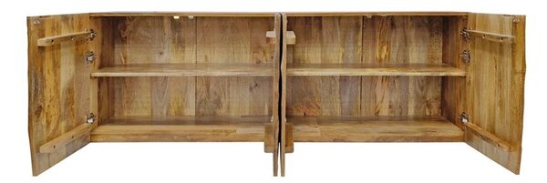 Art deco masivní nástěnný příborník Cumbria z mangového dřeva s reliéfním vyřezáváním ve tvaru paprsků a čtyřmi dvířky 177 cm