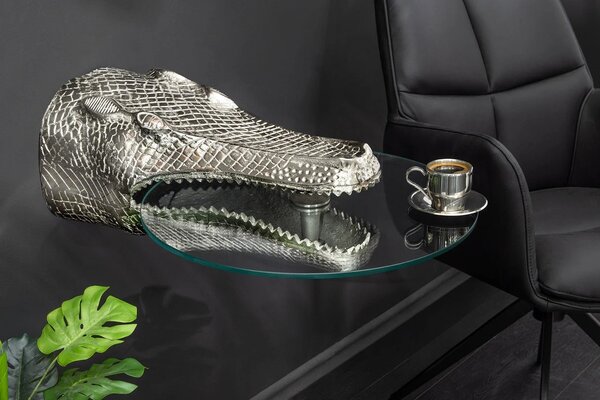 Glamour kulatý příruční stolek Tierra Glam se stříbrným kovovým držákem ve tvaru krokodýla a skleněnou deskou 61 cm