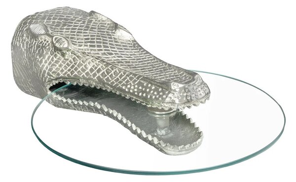 Glamour kulatý příruční stolek Tierra Glam se stříbrným kovovým držákem ve tvaru krokodýla a skleněnou deskou 61 cm