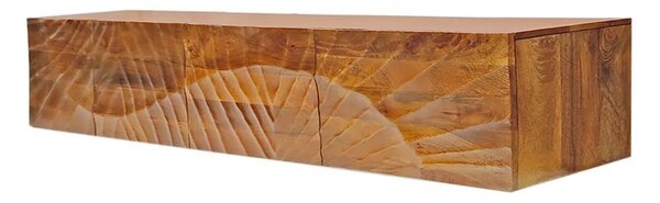 Art deco masivní nástěnný TV stolek Cumbria z mangového hnědého dřeva s reliéfem paprsků a čtyřmi dvířky 200 cm