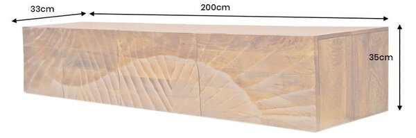 Art deco masivní nástěnný TV stolek Cumbria z mangového hnědého dřeva s reliéfem paprsků a čtyřmi dvířky 200 cm