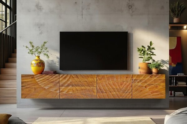 Art deco masivní nástěnný TV stolek Cumbria z mangového hnědého dřeva s reliéfem paprsků a čtyřmi dvířky 200 cm