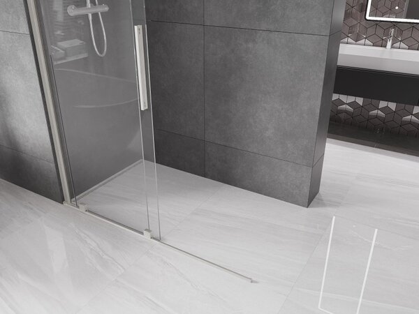Mexen Velar, sprchová zástěna s posuvnými dveřmi Walk-in 130 x 200 cm, 8mm čiré sklo, broušená ocel, 871-130-000-03-97