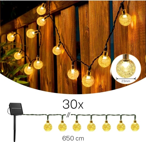 LED Solární dekorační řetěz 30xLED/8 funkcí 500 mAh 6,5 m IP67 teplá bílá