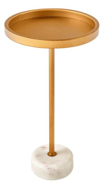Art deco kulatý příruční stolek Stone se zlatou kovovou deskou s vyvýšeným okrajem a bílou mramorovou podstavou 56 cm