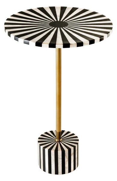 Art deco kulatý příruční stolek Hypnotique s černobílým vykládáním s intarzií a zlatou kovovou tyčí 55 cm